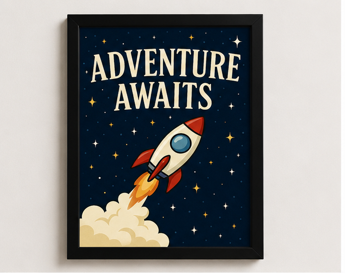 Adventure Awaits Rocket Kids Wall Art Frame | Space Theme Nursery Decor for Kids Room
