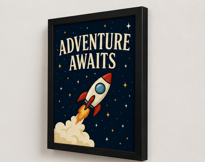 Adventure Awaits Rocket Kids Wall Art Frame | Space Theme Nursery Decor for Kids Room