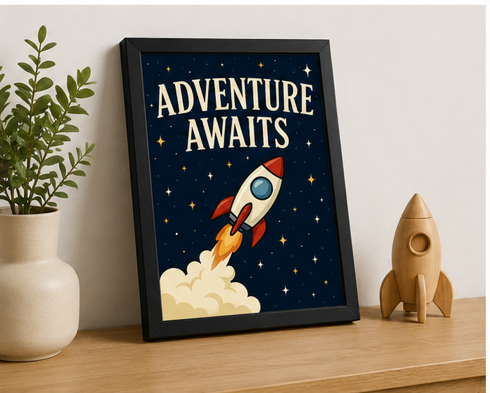 Adventure Awaits Rocket Kids Wall Art Frame | Space Theme Nursery Decor for Kids Room