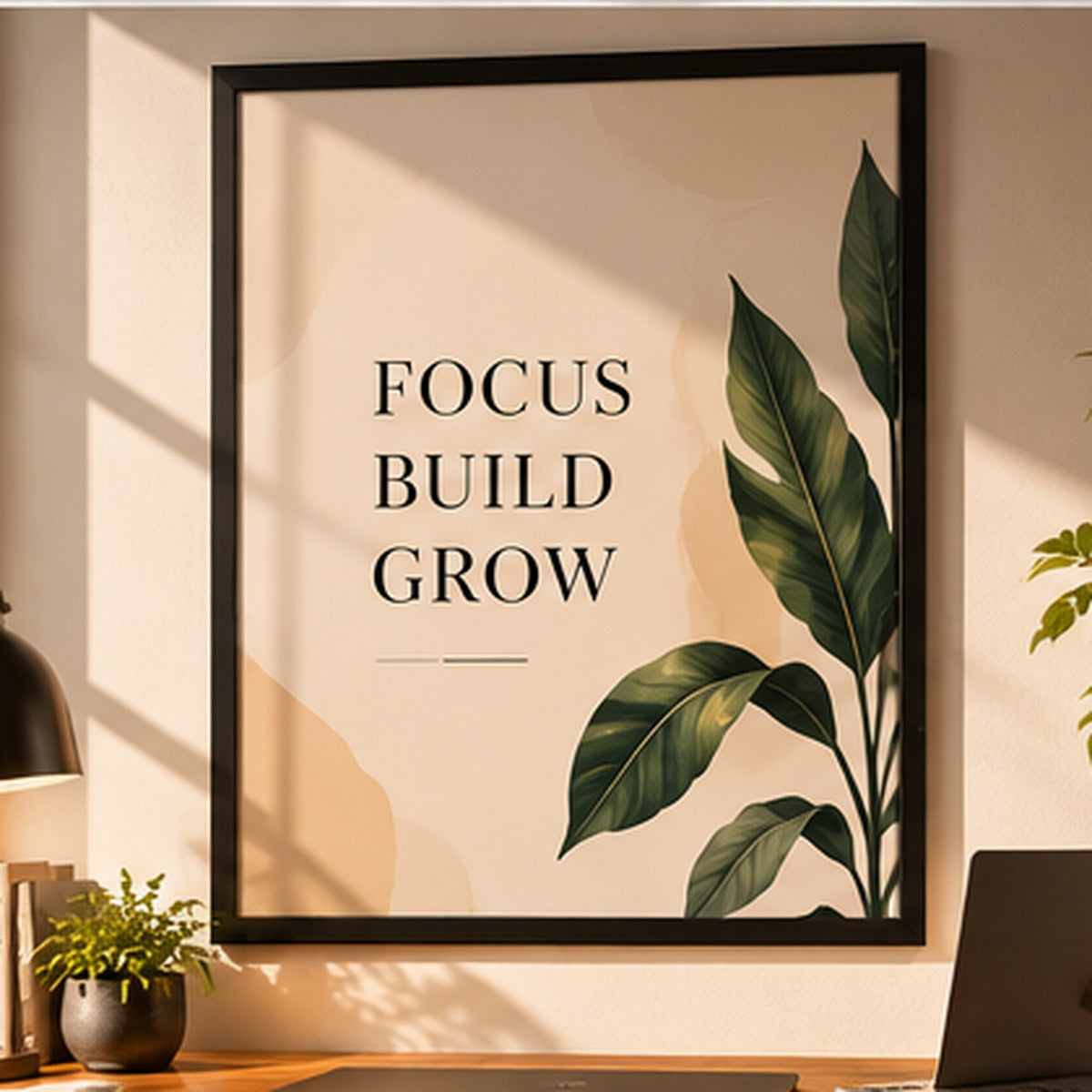Focus Build Grow motivational typography in a large black frame above a desk
