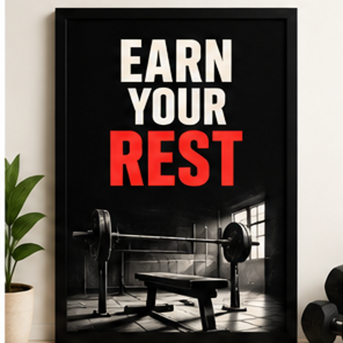WALLFOX black framed gym motivational art, front view