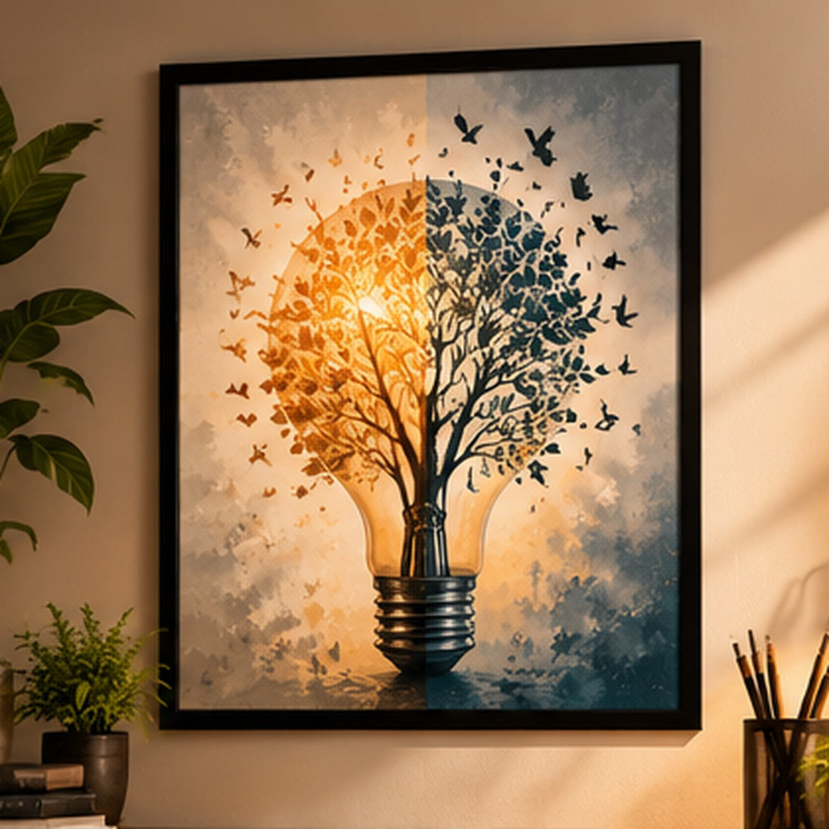 Creative light bulb artwork in a large black frame above a styled home office desk