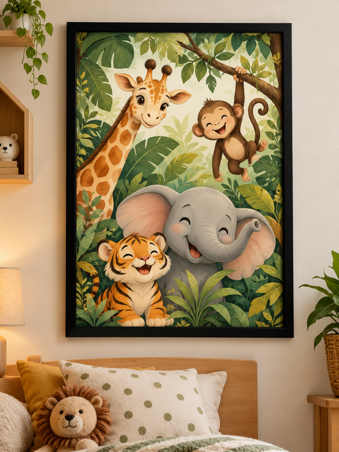 Jungle Friends – Safari Animals Framed Wall Art, framed artwork in black MDF frame