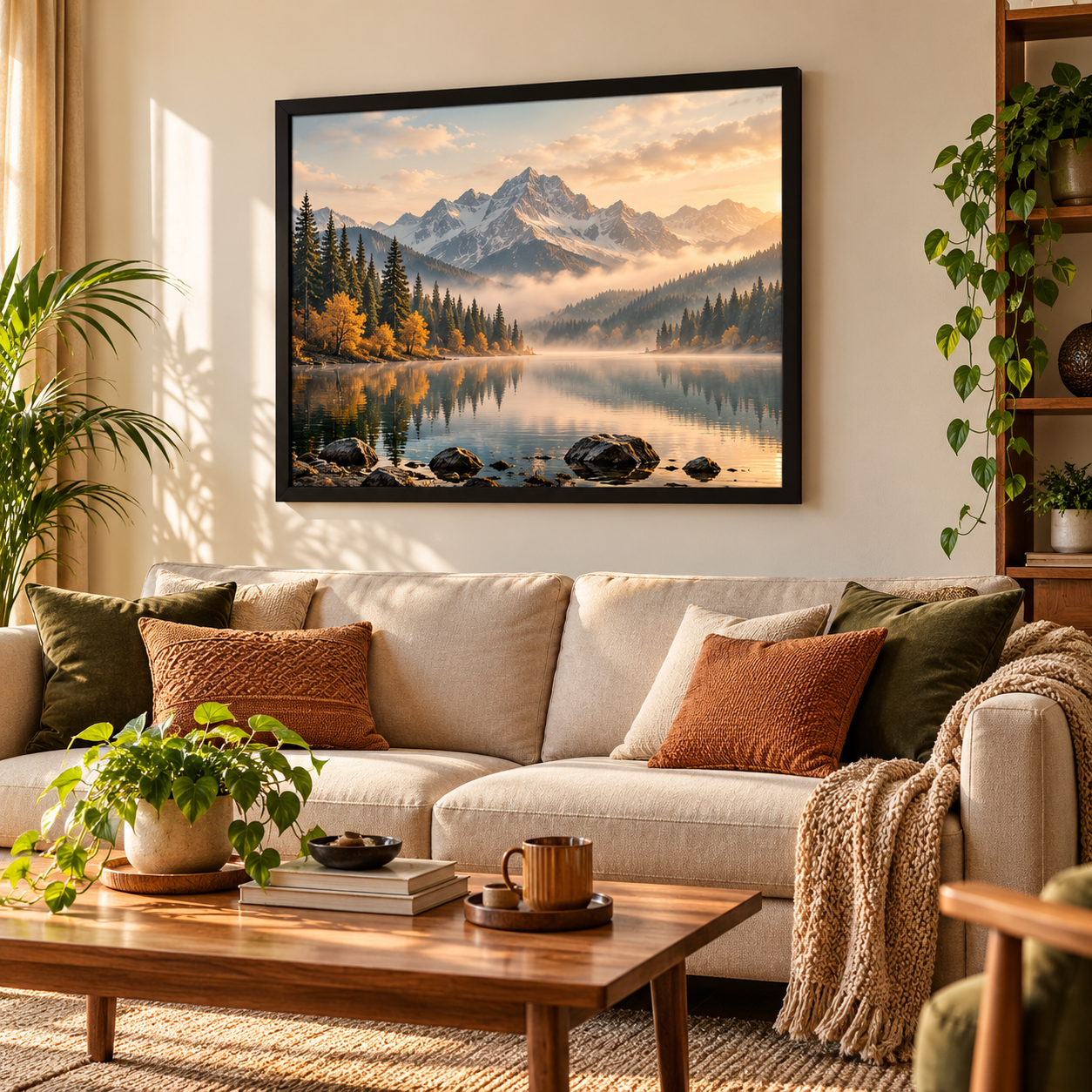 Misty Mountain Lake – Nature Landscape Wall Frame; styled as a large black framed artwork in a warm, sunlit living room story scene
