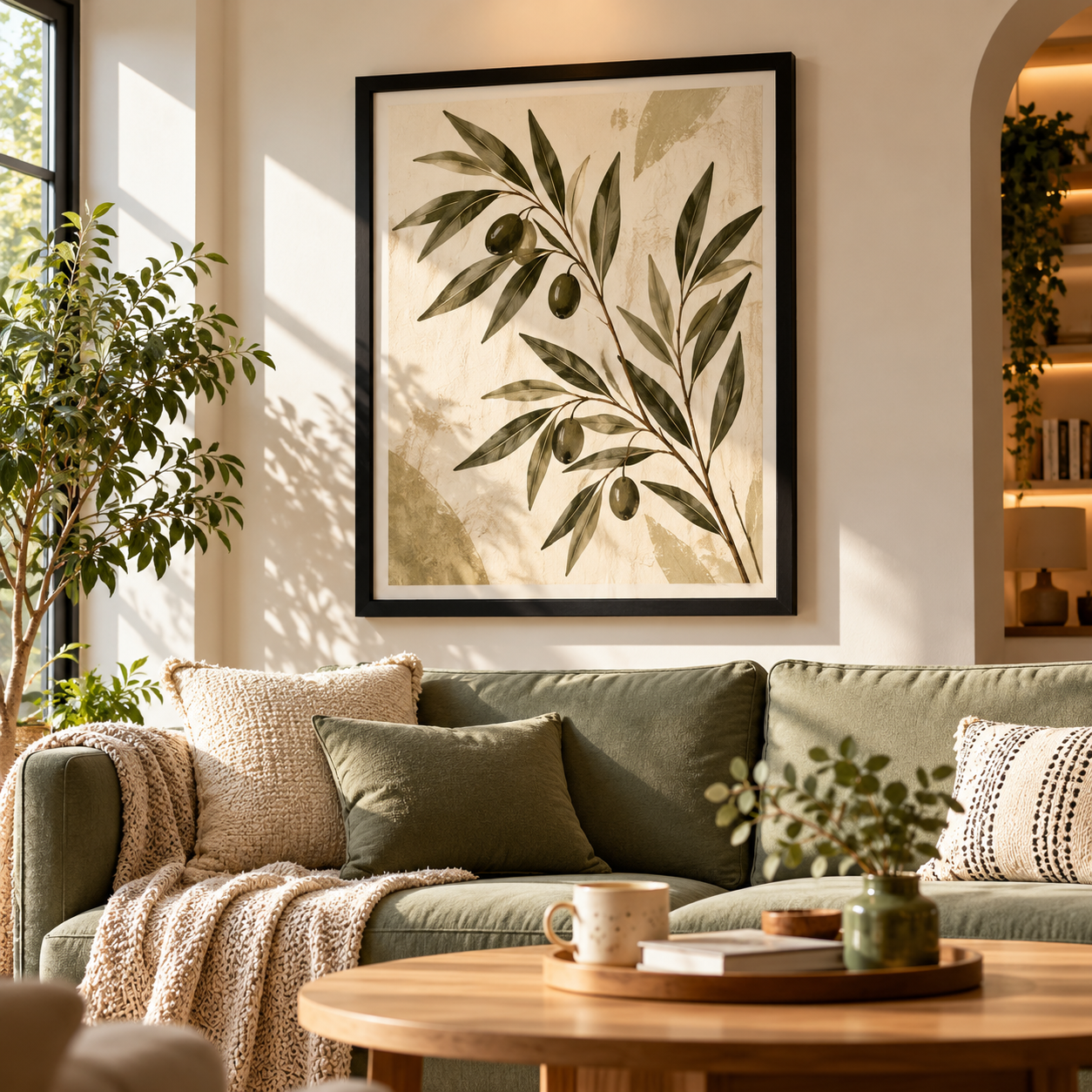 Minimal Line Portrait – Contemporary Wall Frame; styled as a large black framed artwork in a warm, sunlit living room story scene