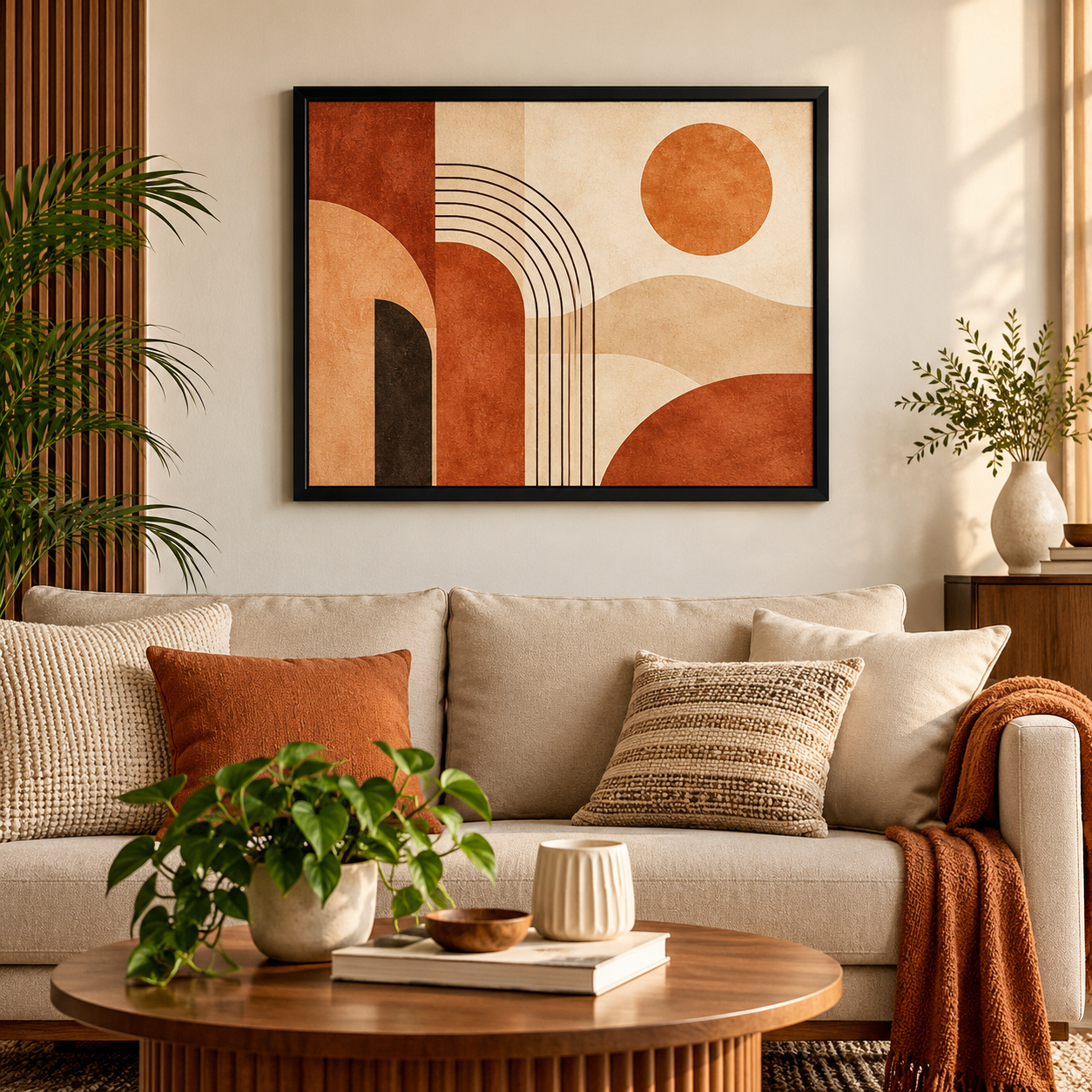 Terracotta Geometry – Modern Abstract Wall Frame; styled as a large black framed artwork in a warm, sunlit living room story scene