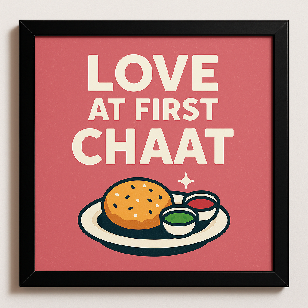 Love at First Chaat – Indian Street Food Wall Art – 9x9 inch square black MDF framed kitchen wall art