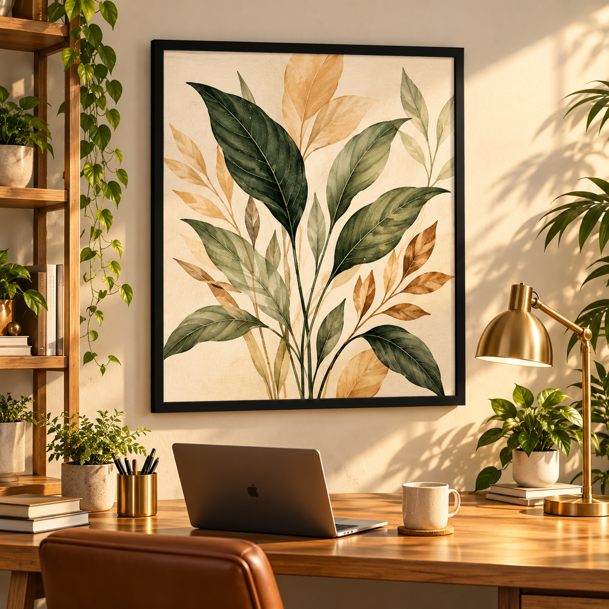 Botanical leaves artwork in a large black frame above a styled home office desk