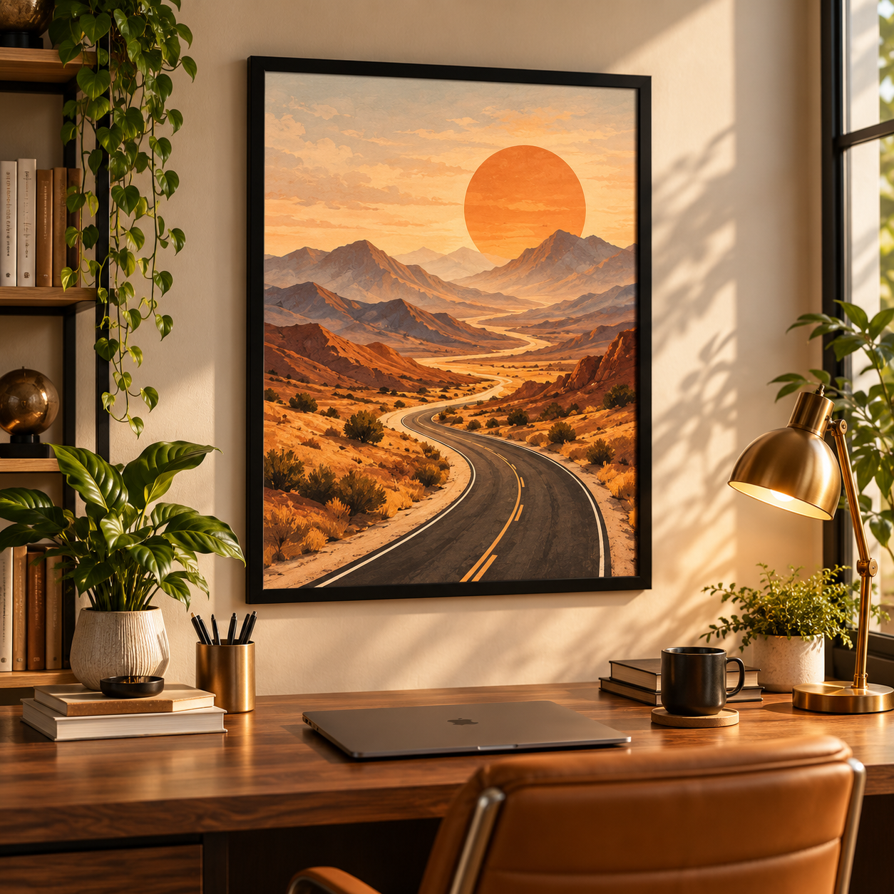 Desert road landscape artwork in a large black frame above a styled home office desk