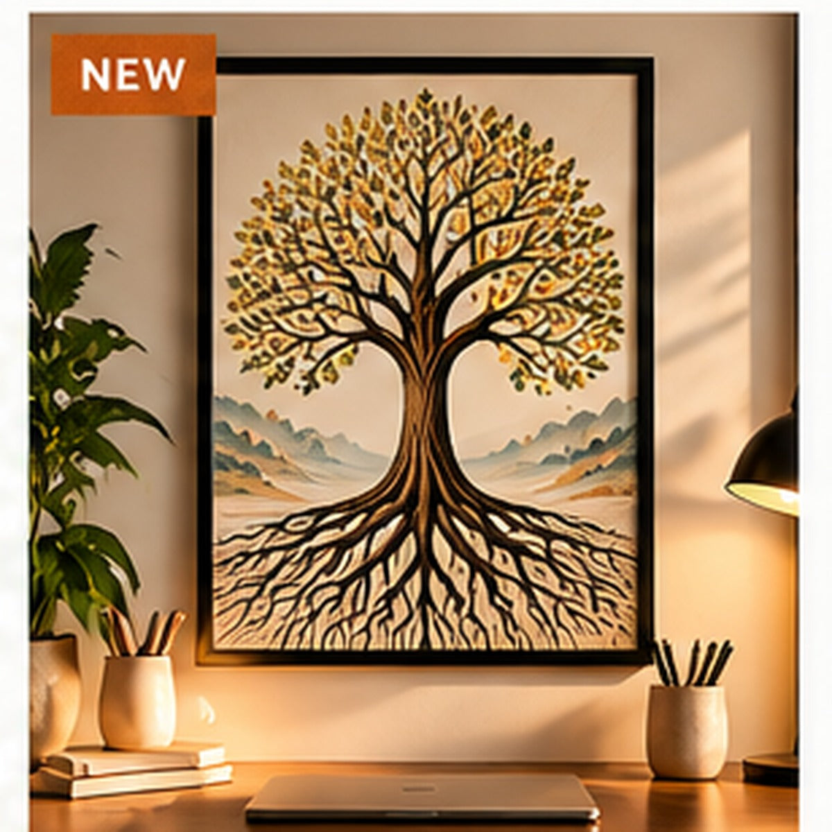 Tree of life growth artwork in a large black frame above a home office desk