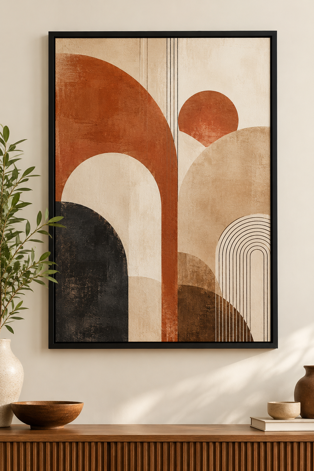 Minimalist terracotta beige and black abstract framed wall art