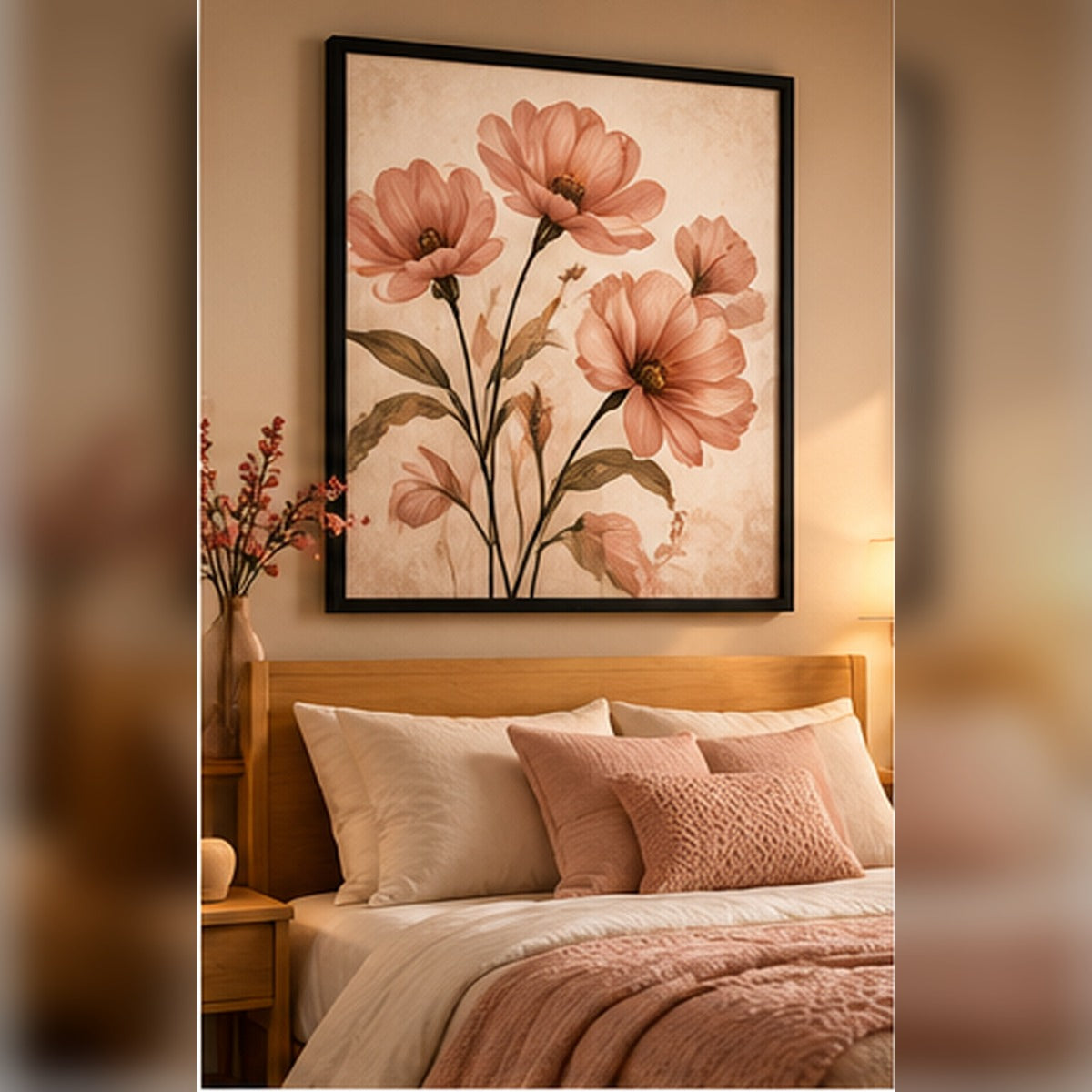 Blush pink flowers in a black frame above a warm neutral bed