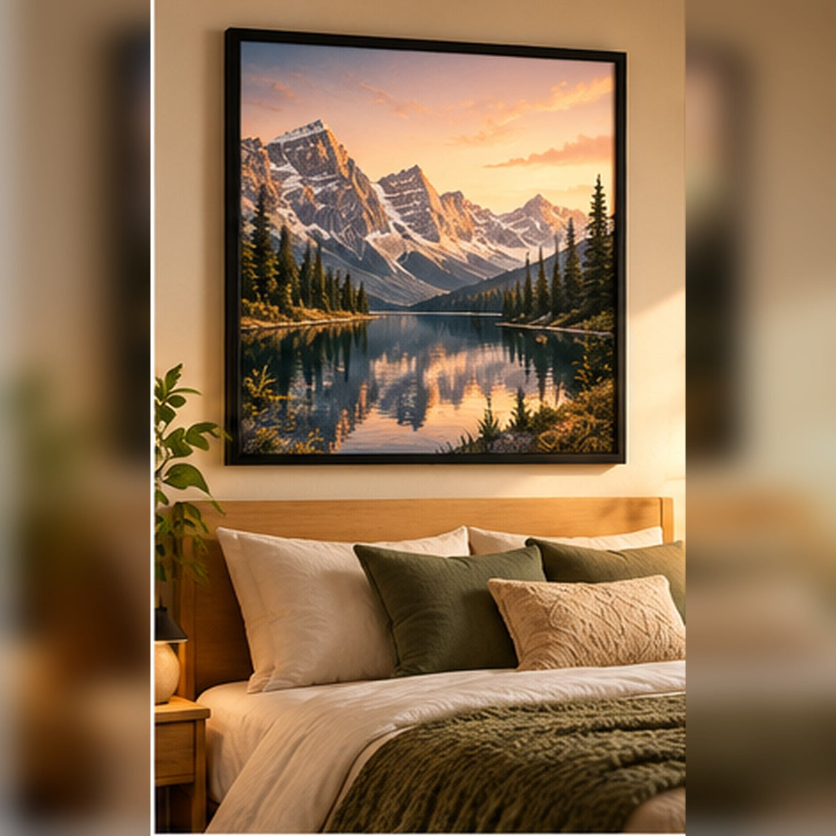 Alpine lake and mountains in a black frame above a cozy bedroom bed