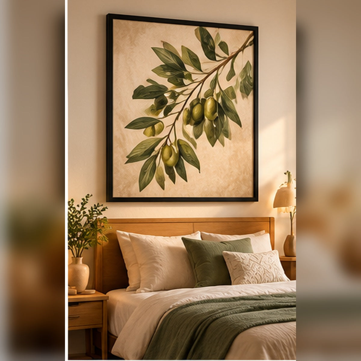 Olive branch botanical art in a black frame in a calm bedroom