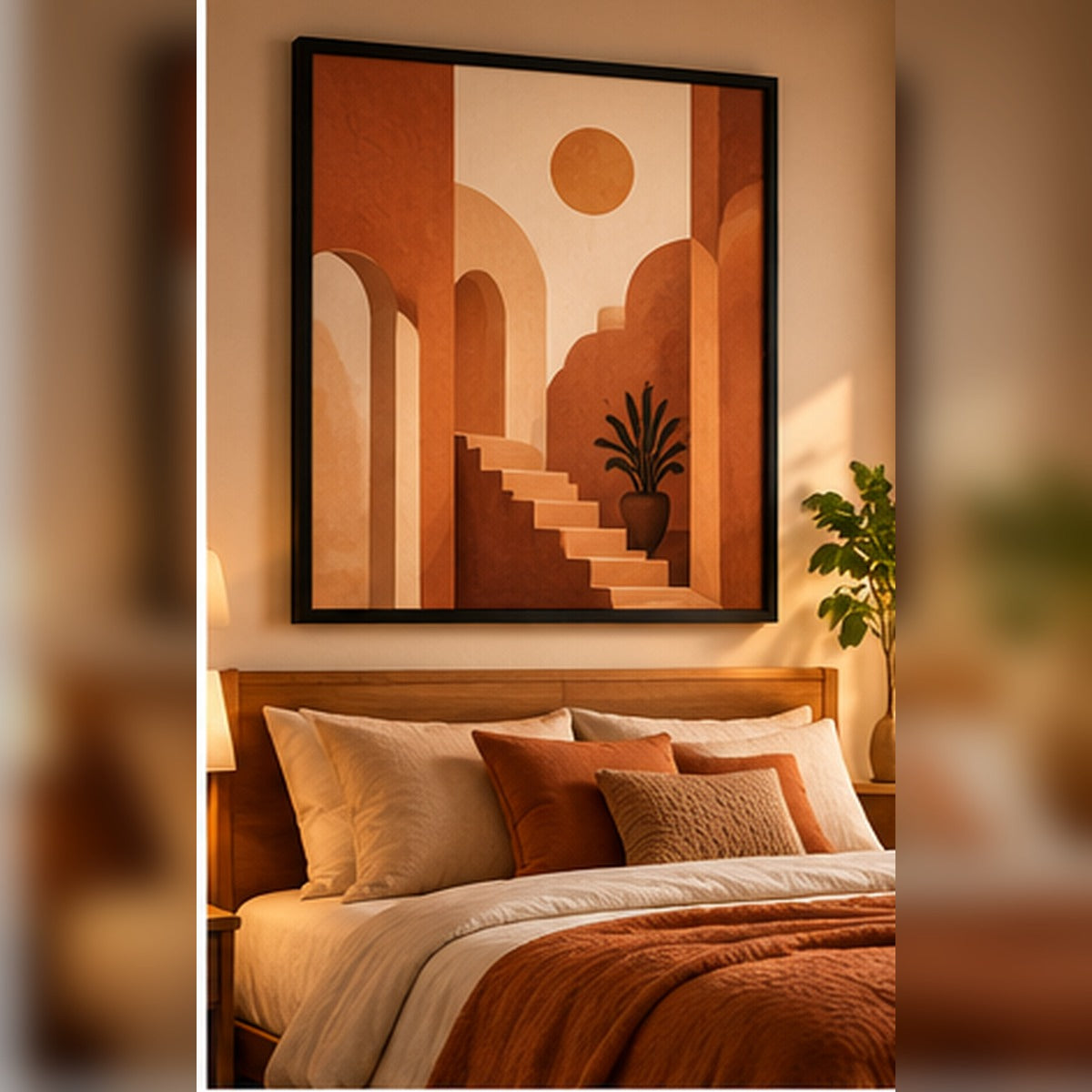 Terracotta abstract staircase artwork in a black frame above a bed