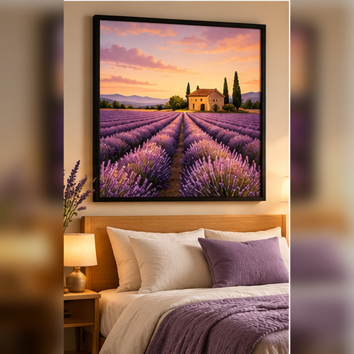 Lavender field at sunset in a black frame above a softly styled bed