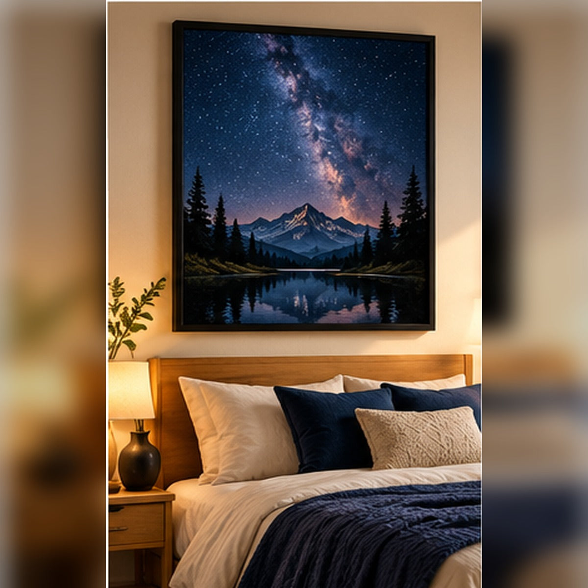 Starry night mountains and lake in a black frame above a bed