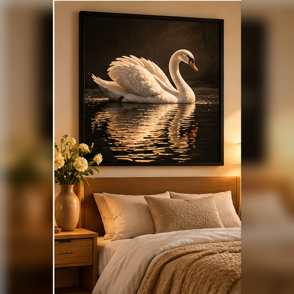 White swan on dark water in a black frame above a cozy bedroom bed