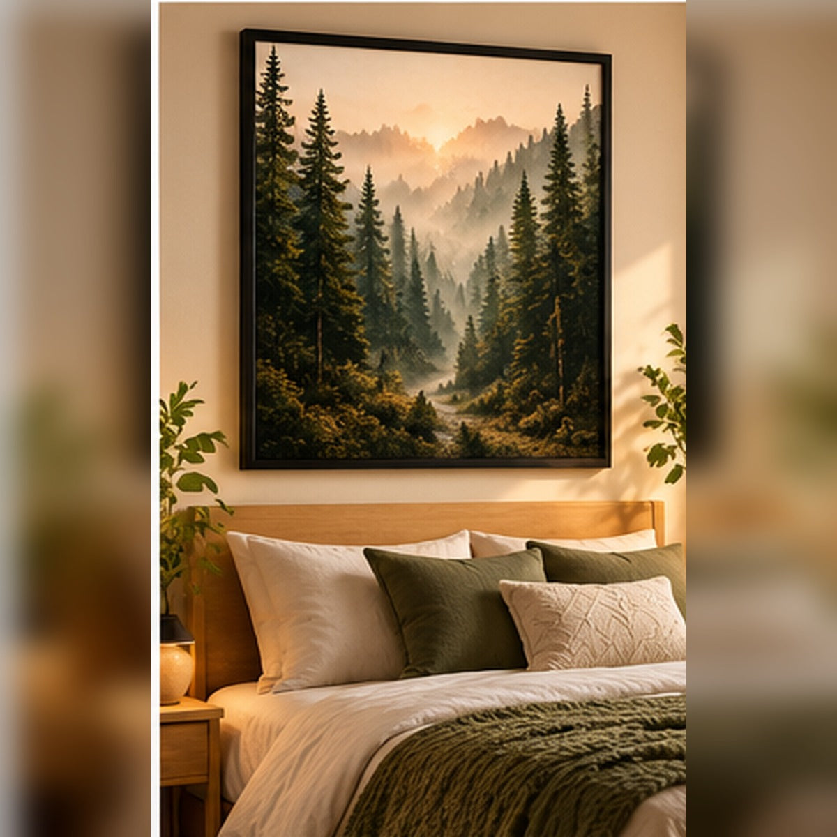 Misty evergreen forest landscape in a black frame in a calm bedroom
