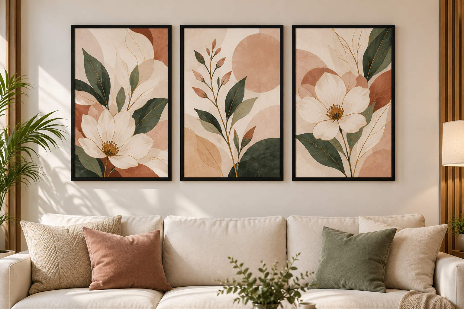 Three coordinated botanical framed prints above a cream sofa