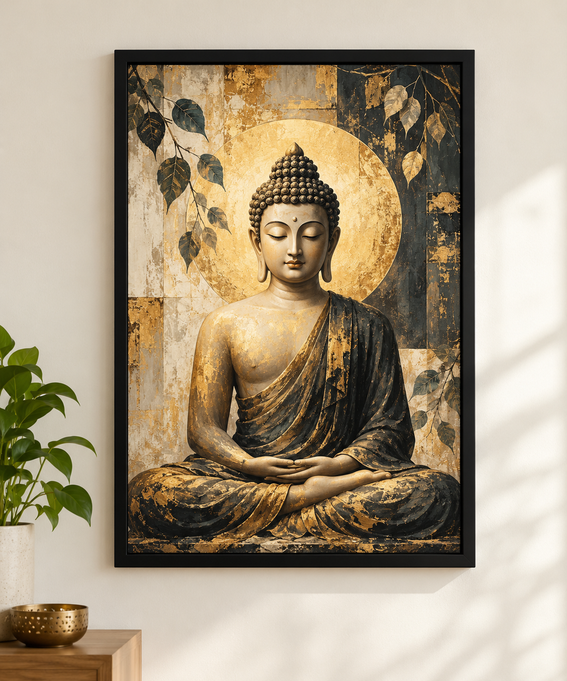 Meditating Buddha framed wall art in warm gold and charcoal tones