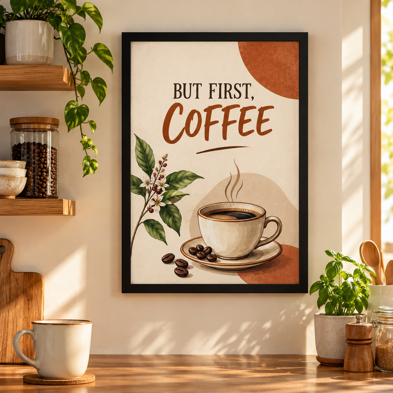 But First Coffee framed kitchen wall art in terracotta and cream