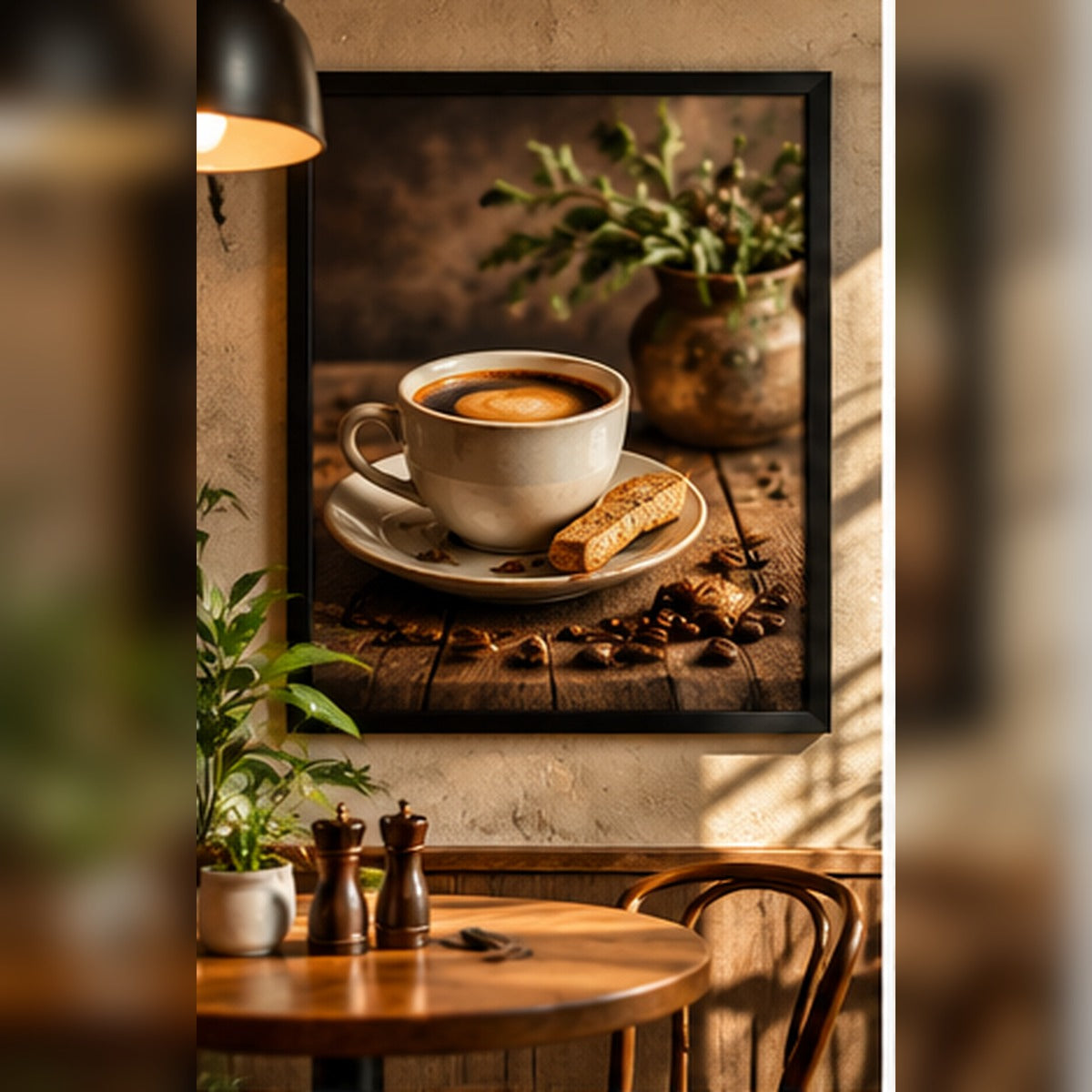 Espresso cup and coffee beans in a black frame above a rustic café table