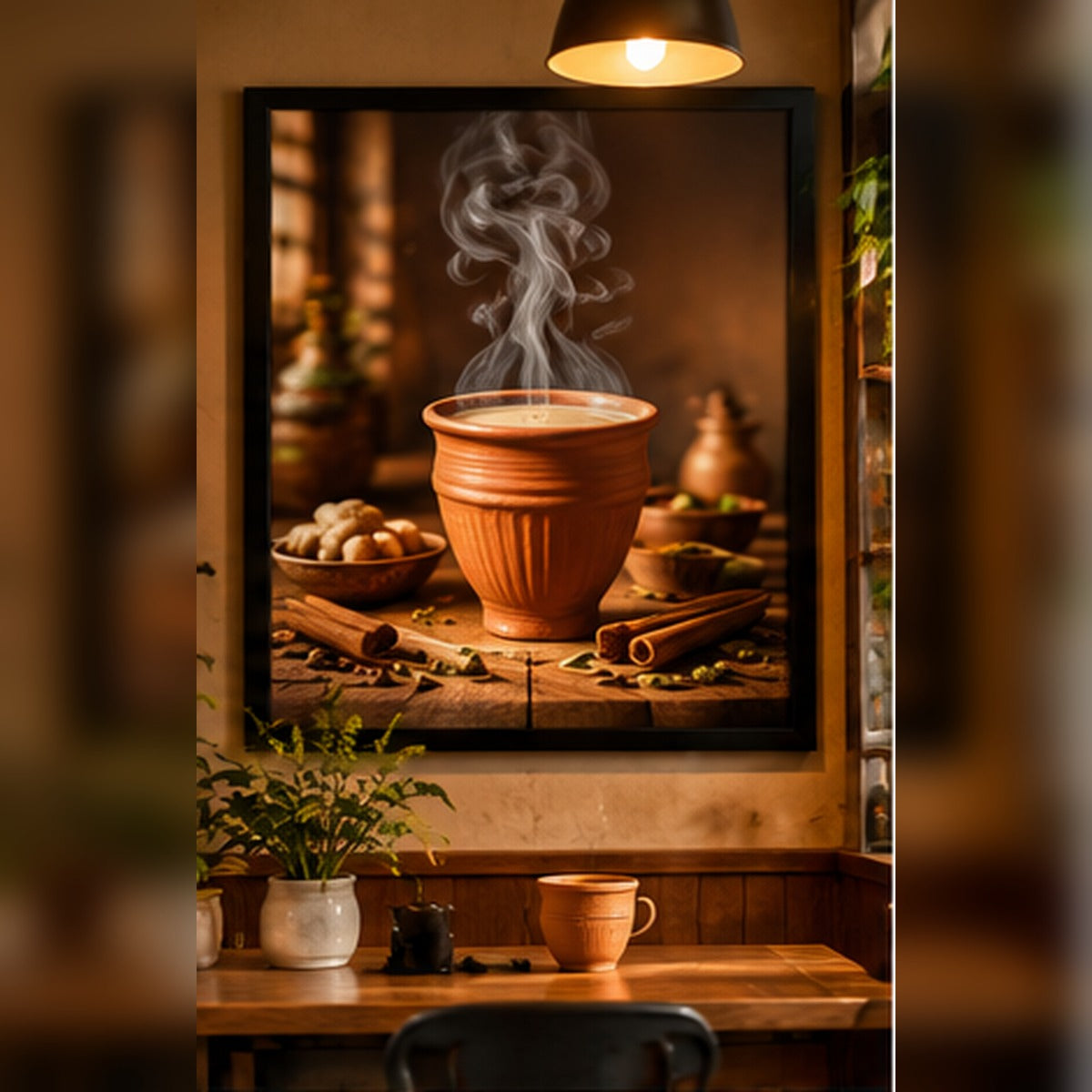 Steaming clay cup of masala chai in a black frame in a cozy café