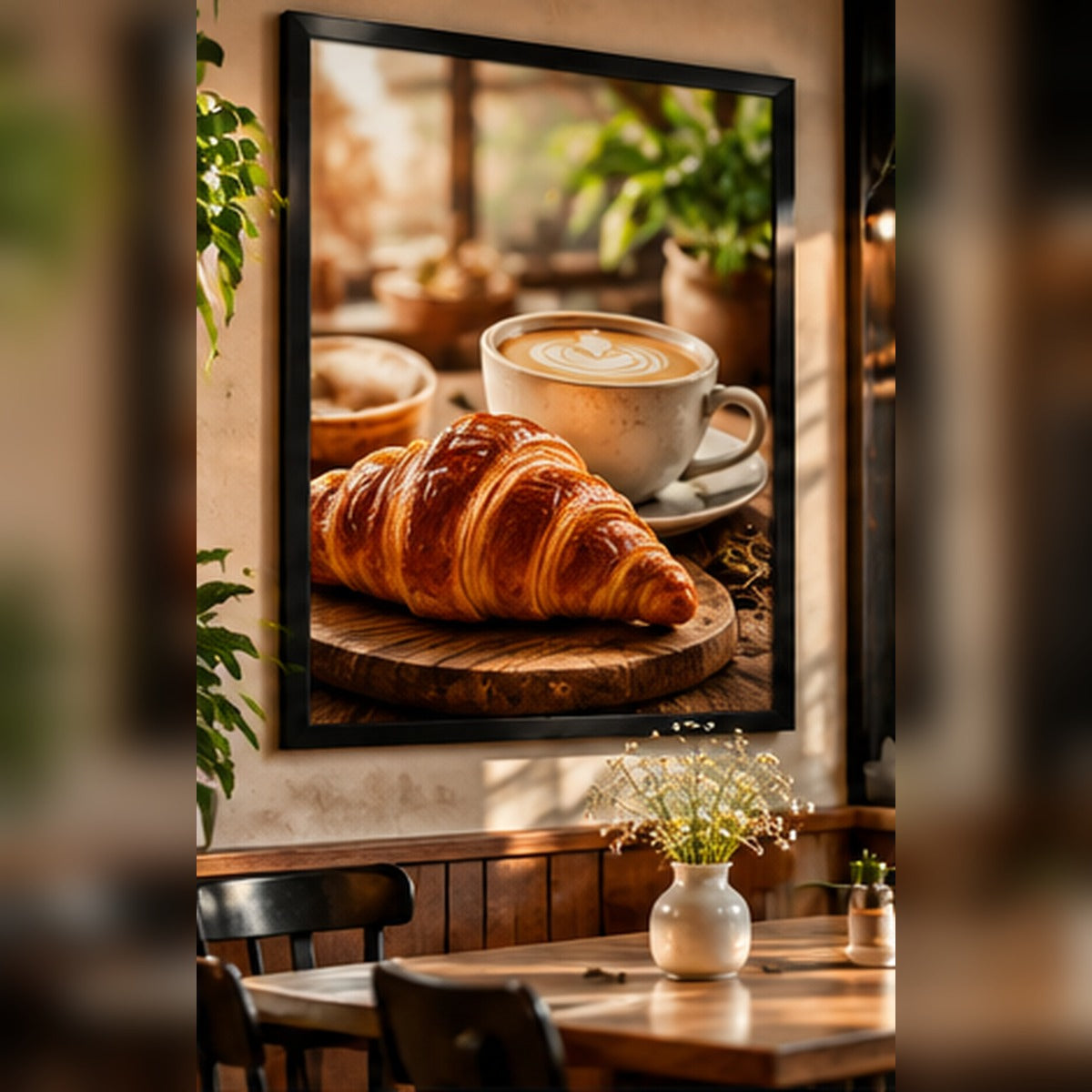 Croissant and latte artwork in a black frame in a warm breakfast café
