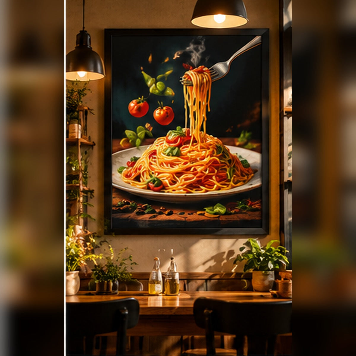 Italian pasta illustration in a black frame in a rustic restaurant interior