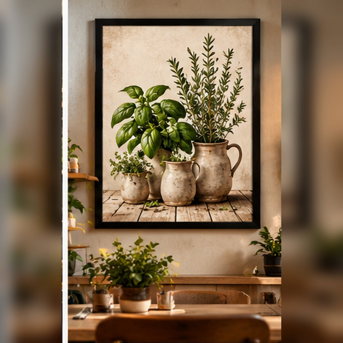 Fresh herbs in a black frame above a wooden café counter