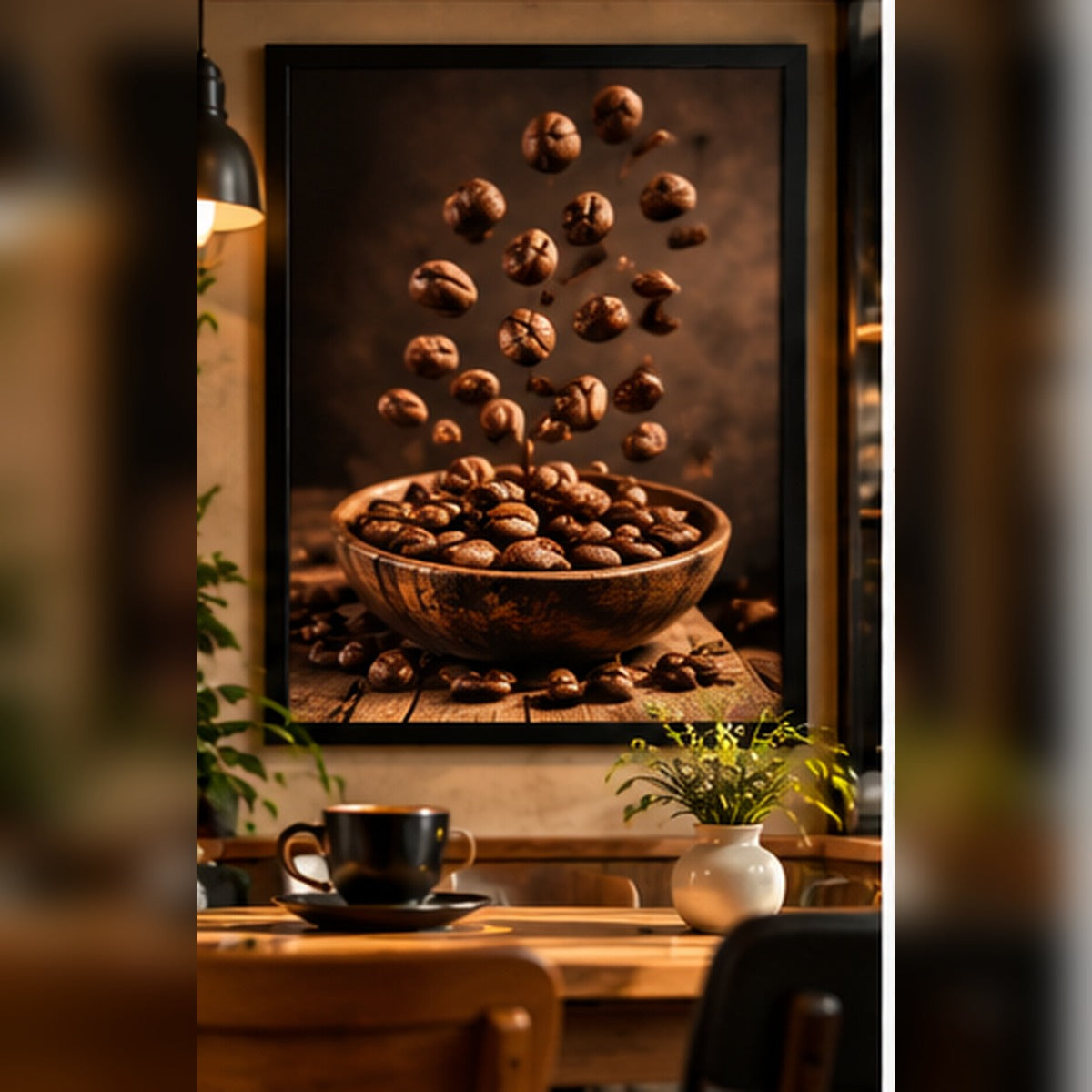 Coffee beans still life in a black frame in a warm coffee shop