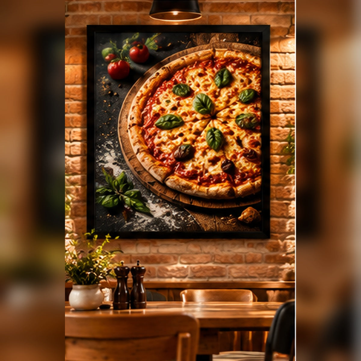 Pizza artwork in a black frame against a brick café wall