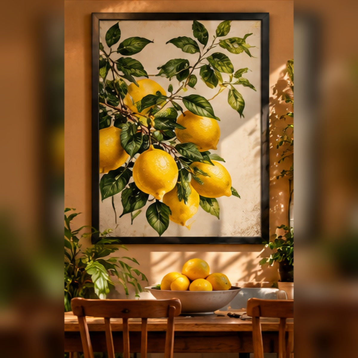 Bright lemons and leafy branches in a black frame in a café