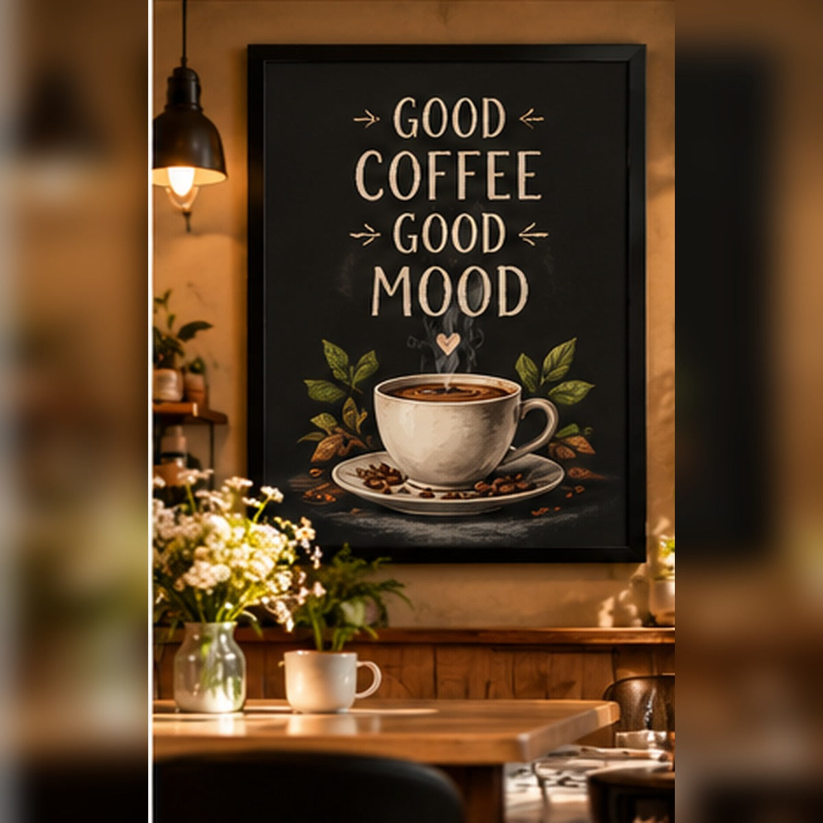 Good Coffee Good Mood typography in a black frame above a café table