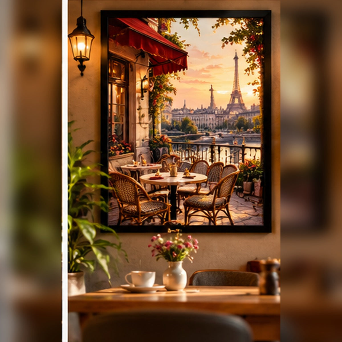 Parisian café terrace at sunset in a black frame