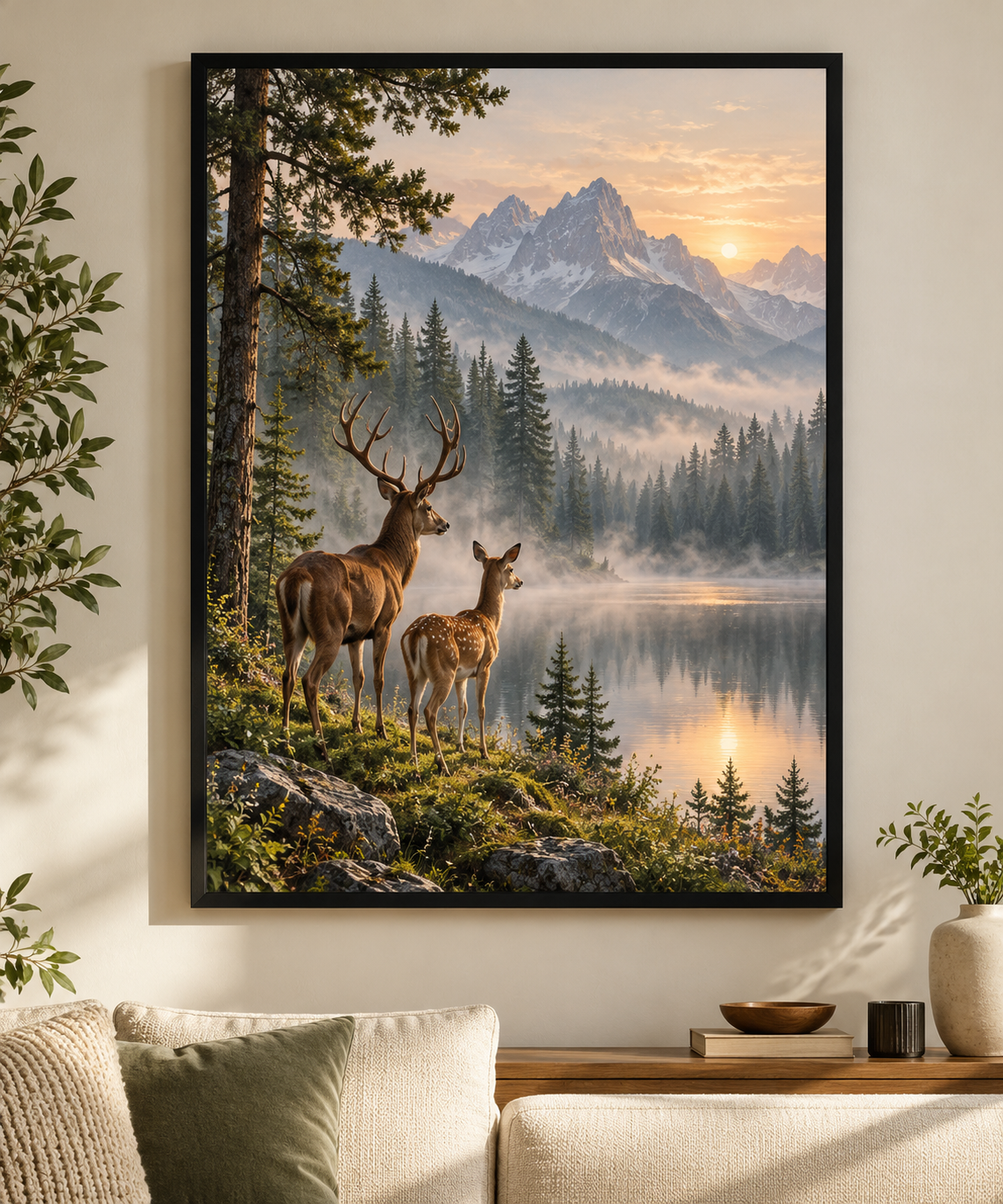 Deer pair in a misty forest lake landscape framed wall art