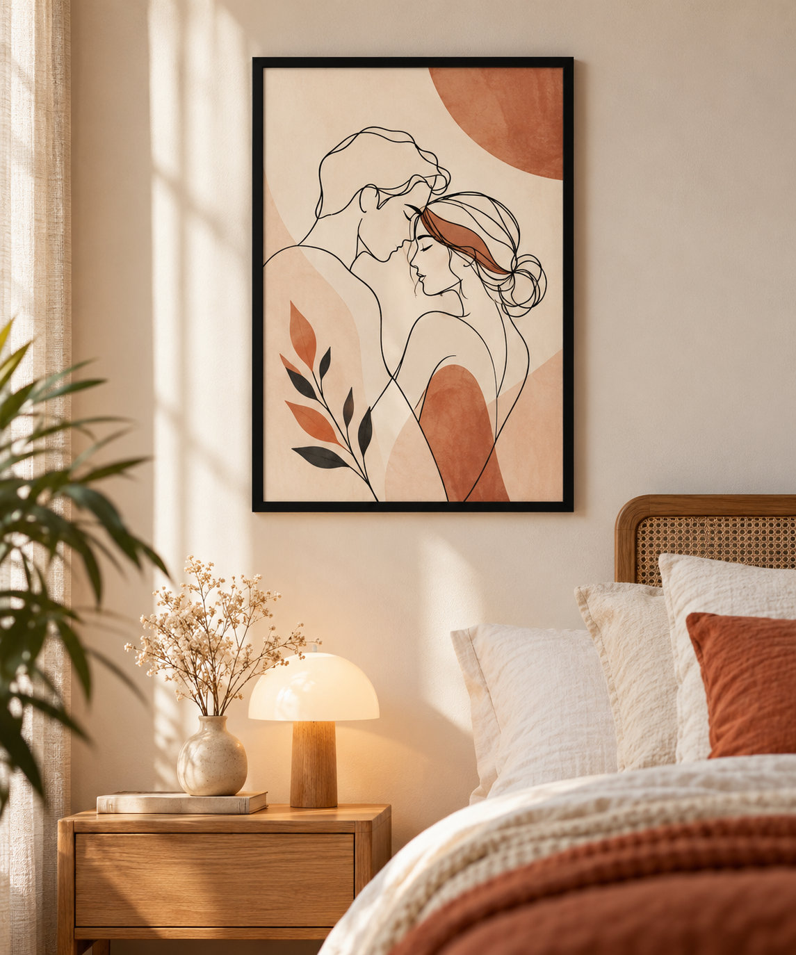 Minimalist embracing couple line art in a black frame