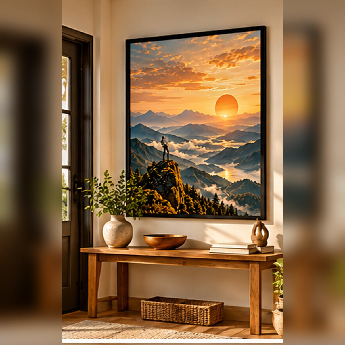 Mountain sunrise landscape in a black frame above an entryway console