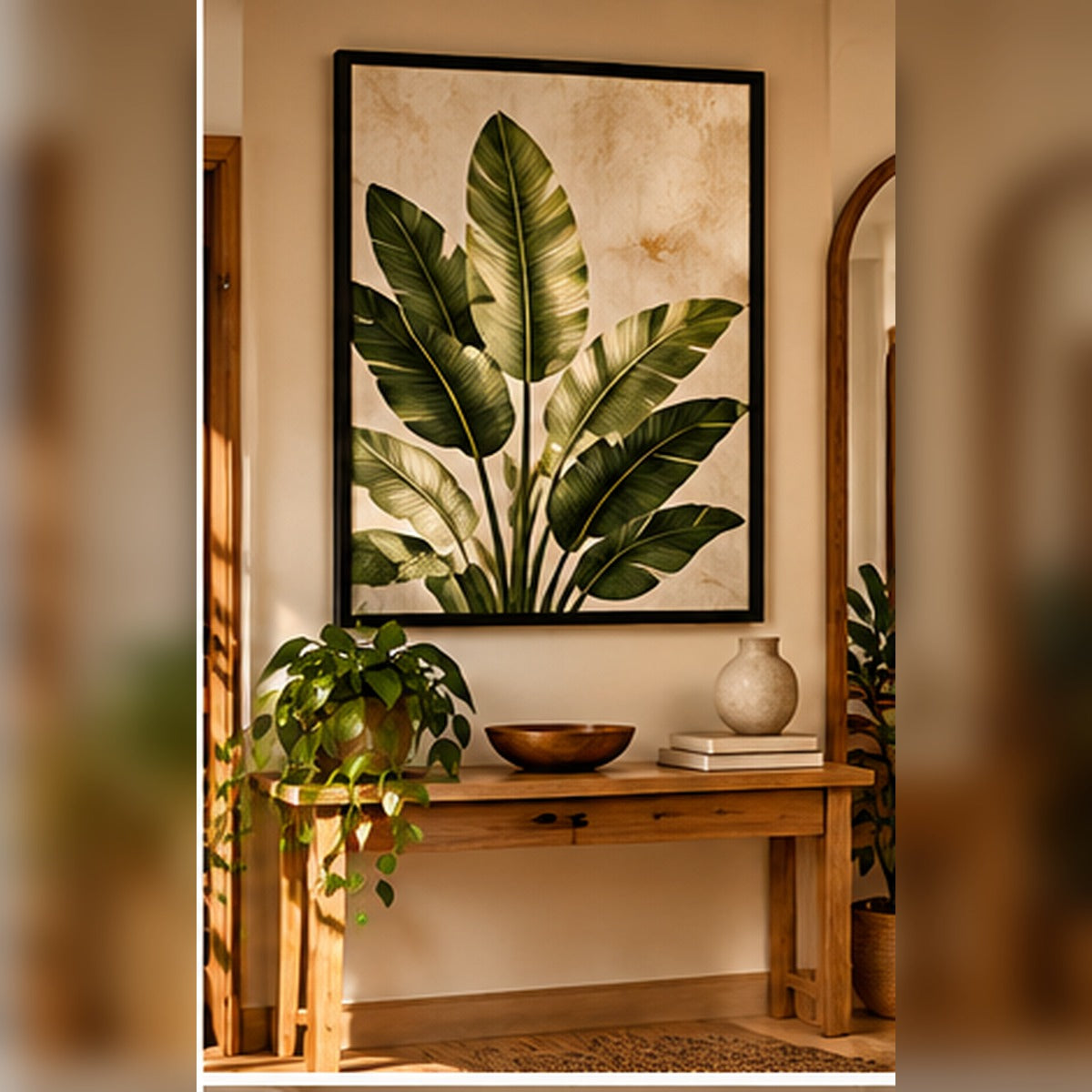 Tropical botanical leaves in a black frame in a warm entryway