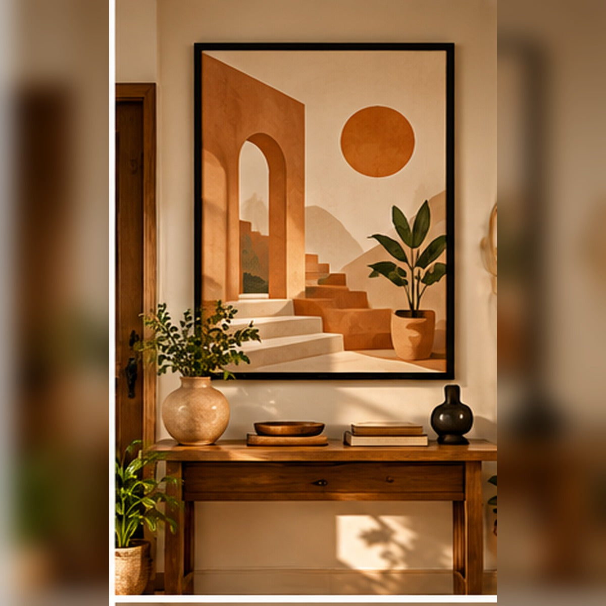 Terracotta staircase artwork in a black frame above a wooden hallway console