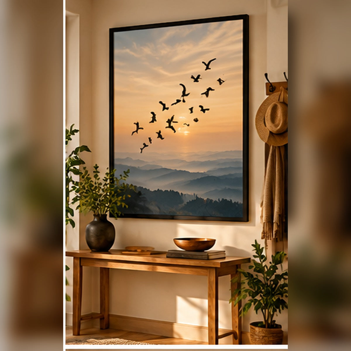 Birds flying at dusk in a black frame in a cozy hallway