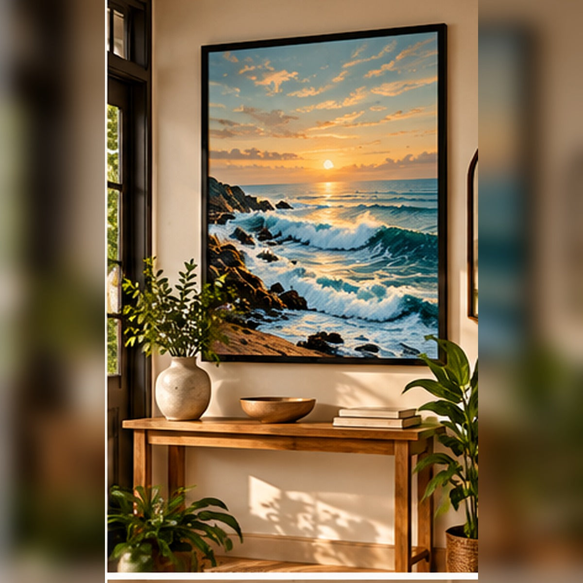Ocean waves and rocky coast in a black frame above an entryway console