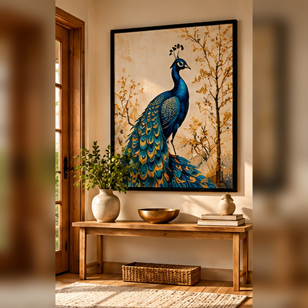 Colorful peacock illustration in a black frame in a warm foyer