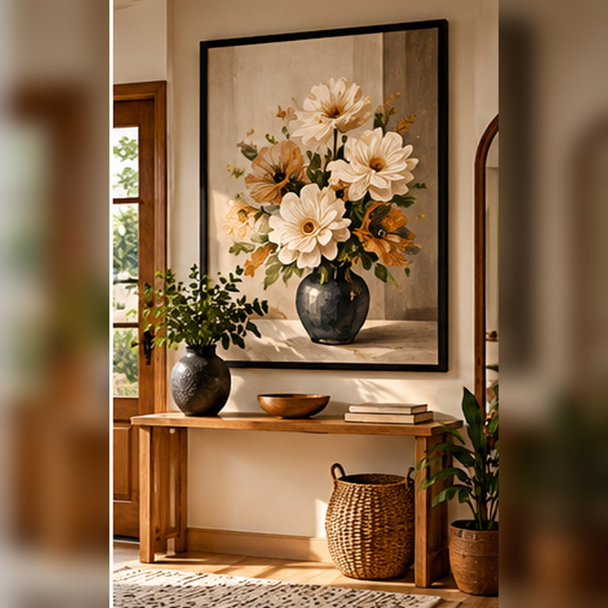 Cream floral bouquet in a black frame above a hallway console