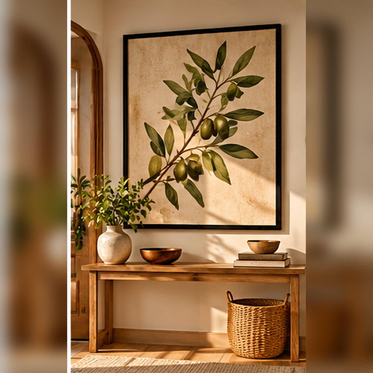 Olive branch botanical artwork in a black frame in a welcoming hallway