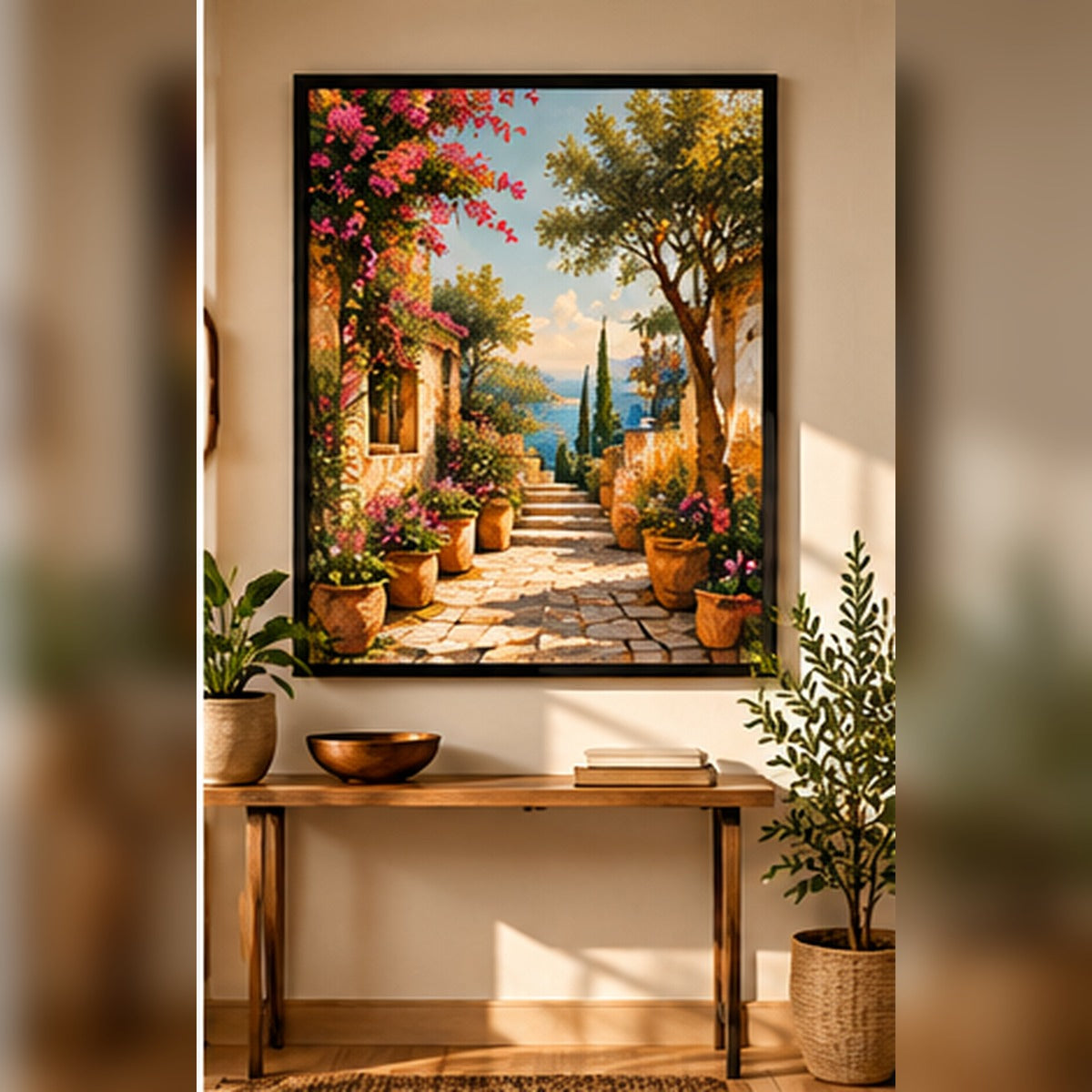 Sunlit Mediterranean garden path in a black frame above a console