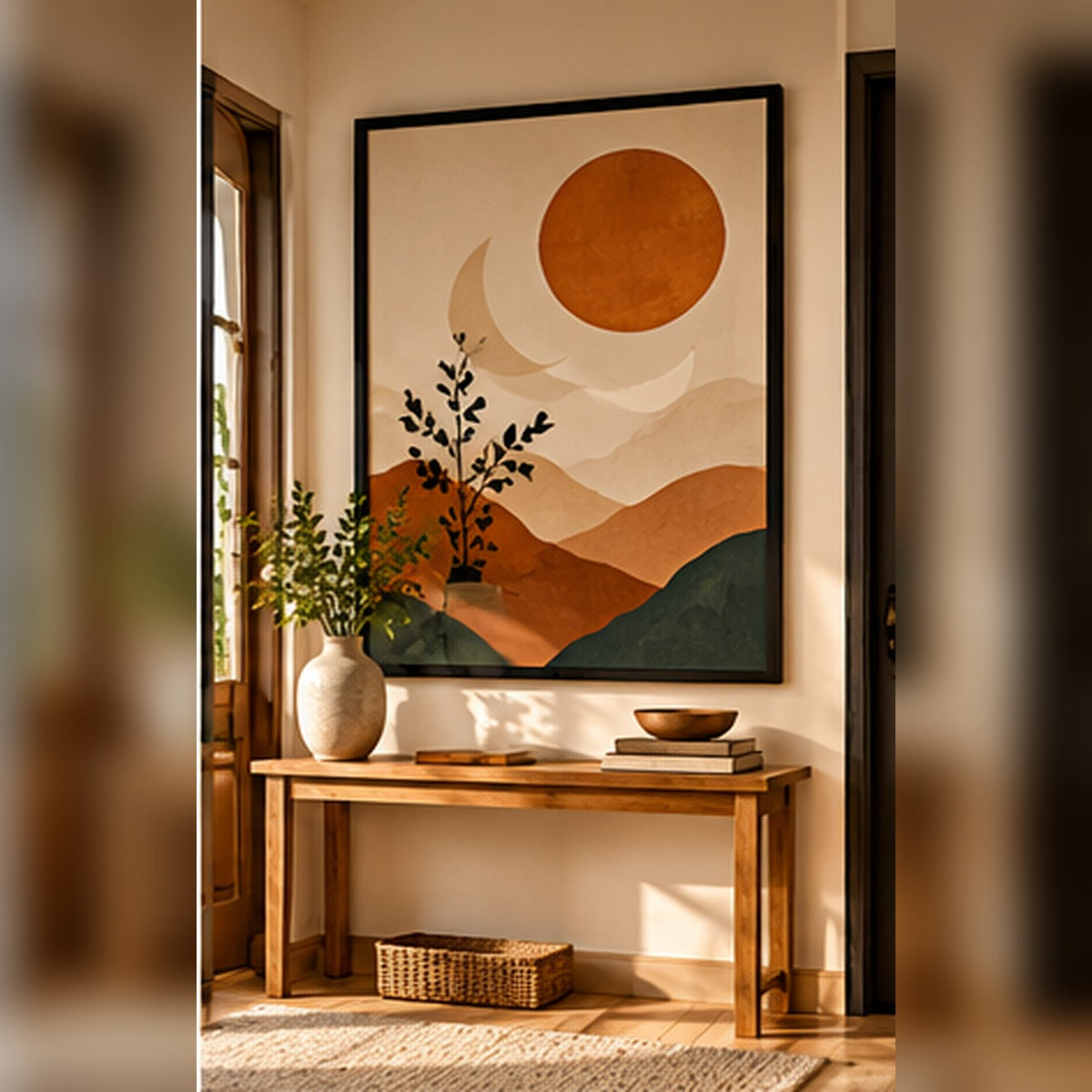 Warm abstract sunset landscape in a black frame in a modern foyer
