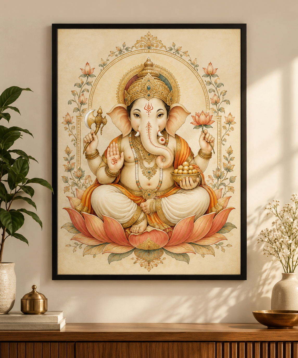 Lord Ganesha seated on a lotus in gold and saffron framed wall art