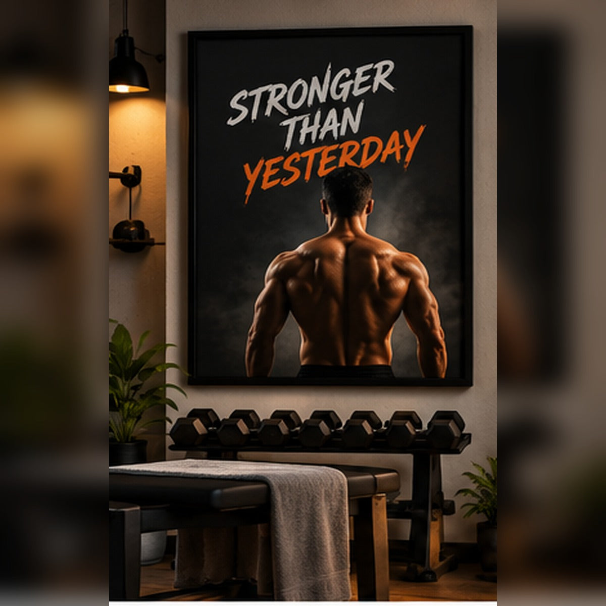 Stronger Than Yesterday typography in a black frame above home gym weights
